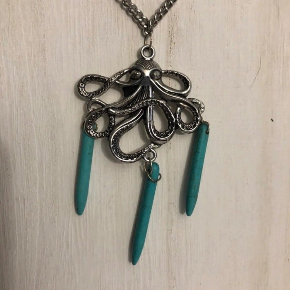 Kraken Octopus Silver & Turquoise Pendant Necklace